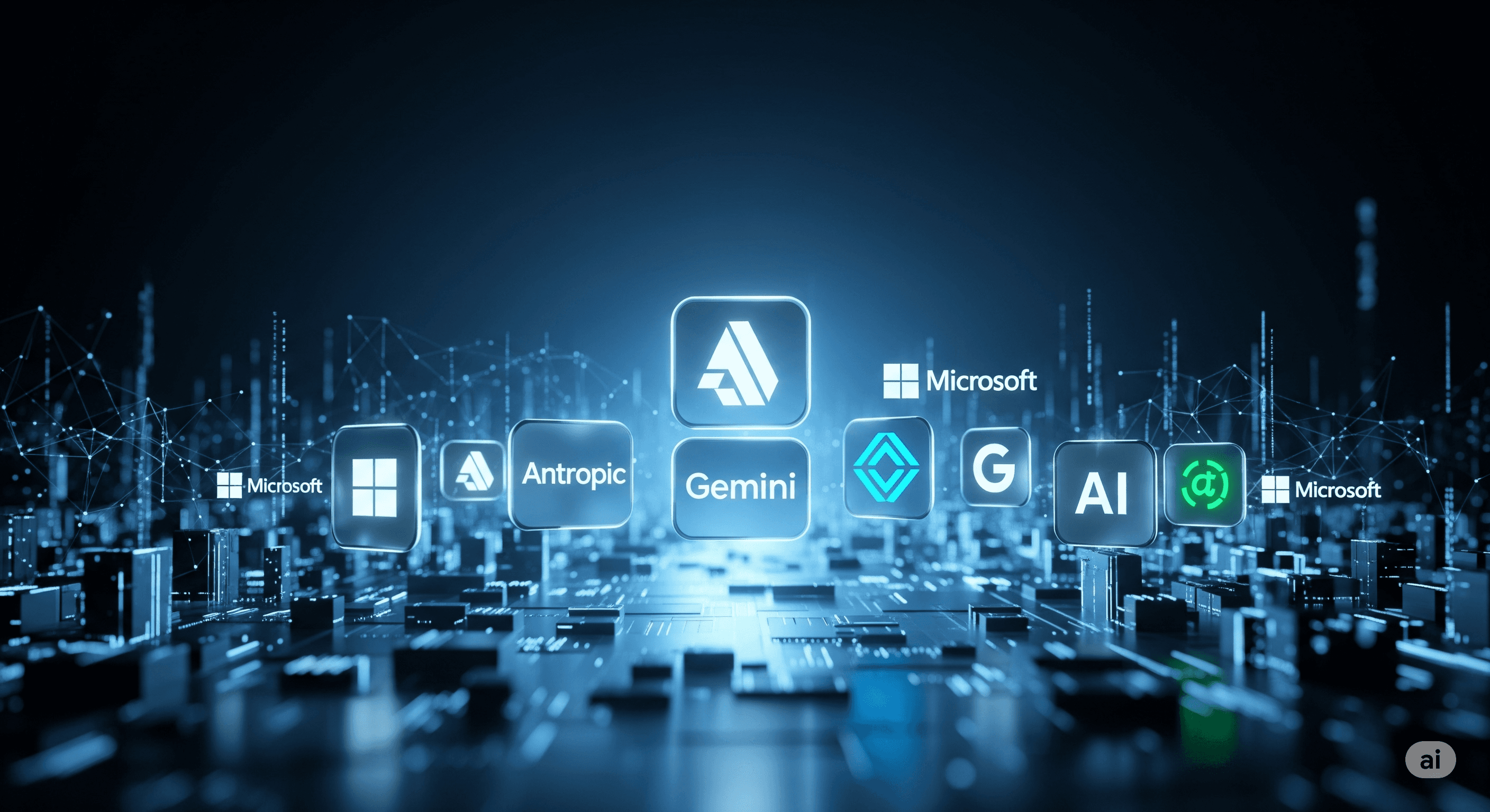A high-tech digital visualization featuring floating glass panels with logos for Gemini, Anthropic (spelled Antropic), and Microsoft. The scene is set in a dark blue, glowing digital environment resembling a motherboard or a futuristic city. Network nodes and data streams connect the various elements, creating a sense of a complex, interconnected AI infrastructure. The lighting is cool and neon-inspired, emphasizing a modern, cutting-edge technological theme with a shallow depth of field.