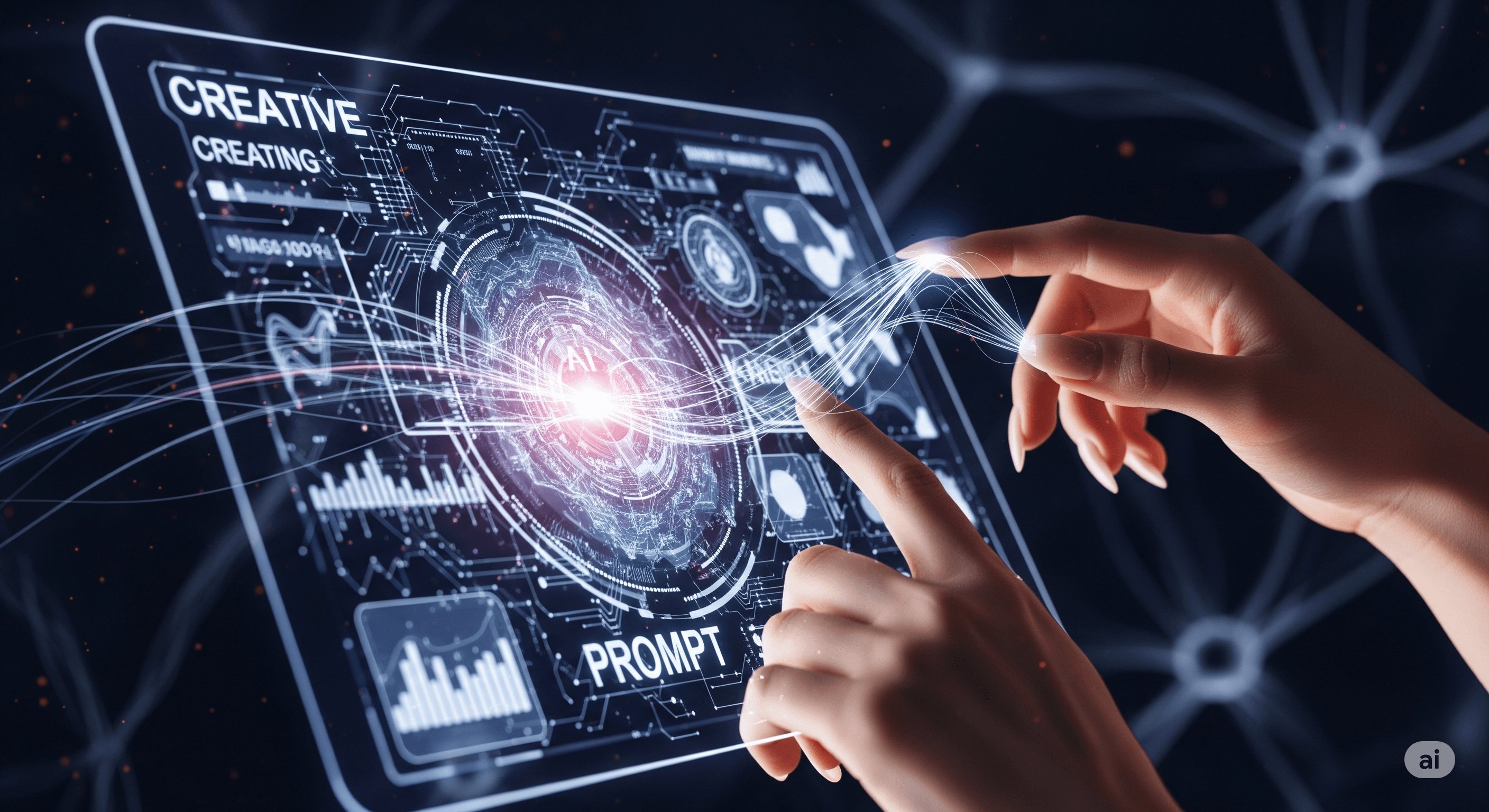This hyper-realistic digital illustration features a futuristic glass tablet interface being manipulated by human hands. Glowing blue and white light emanates from a central AI core, surrounded by complex data visualizations, histograms, and neural network nodes. Visible text includes 'CREATIVE' and 'PROMPT,' symbolizing the intersection of human input and machine intelligence in the design process.