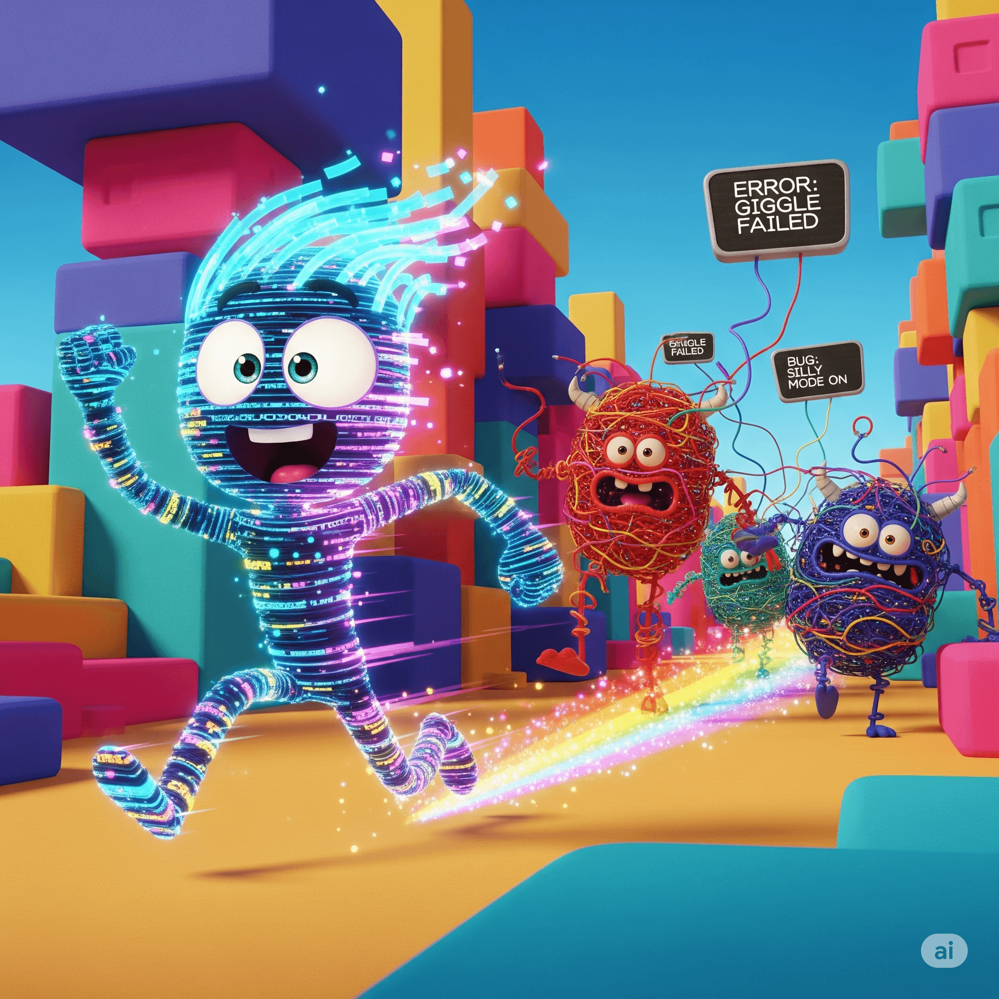 A high-energy, 3D digital illustration featuring a glowing, code-textured character running through a vibrant blocky world. Behind it, colorful wireframe monsters chase with floating error message bubbles like "Giggle Failed" and "Silly Mode On." The scene is filled with dynamic motion blurs, rainbow trails, and playful glitch aesthetics, perfect for gamified or tech-focused web interfaces.