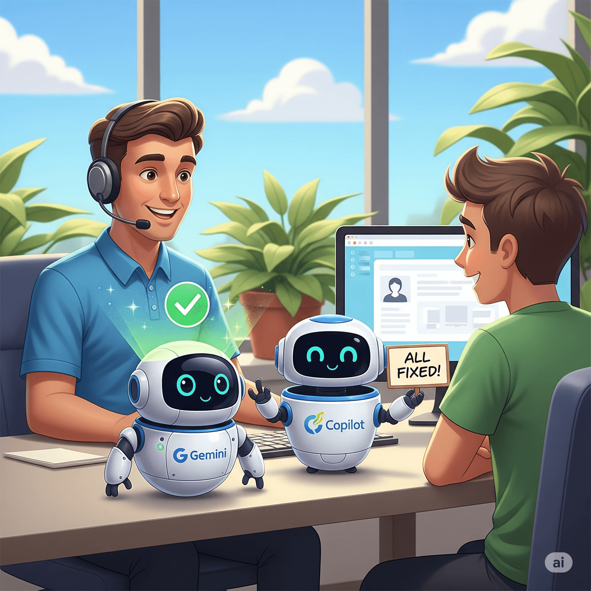 This vibrant cartoon illustration depicts a collaborative IT helpdesk environment where humans and AI work in harmony. Two friendly male characters interact with two small, round, white robots labeled Gemini and Copilot. The robots feature expressive digital eyes and blue accents. One robot holds an ALL FIXED! sign while a glowing green checkmark appears above the other, symbolizing successful problem resolution. The bright, sunlit office setting includes lush green plants and a computer monitor, creating a positive, tech-forward atmosphere.
