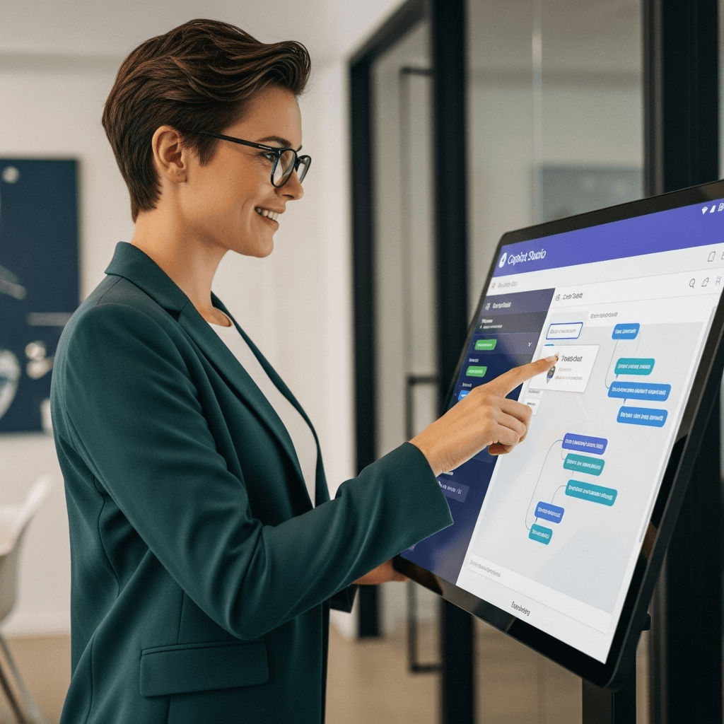 A professional woman with short brown hair and glasses, wearing a dark teal blazer, interacts with a large digital touchscreen. She is smiling while pointing at a complex flow diagram or software interface, suggesting ease of use and innovation. The setting is a bright, modern office with clean lines and a professional atmosphere, highlighting the seamless integration of human expertise and advanced technology.