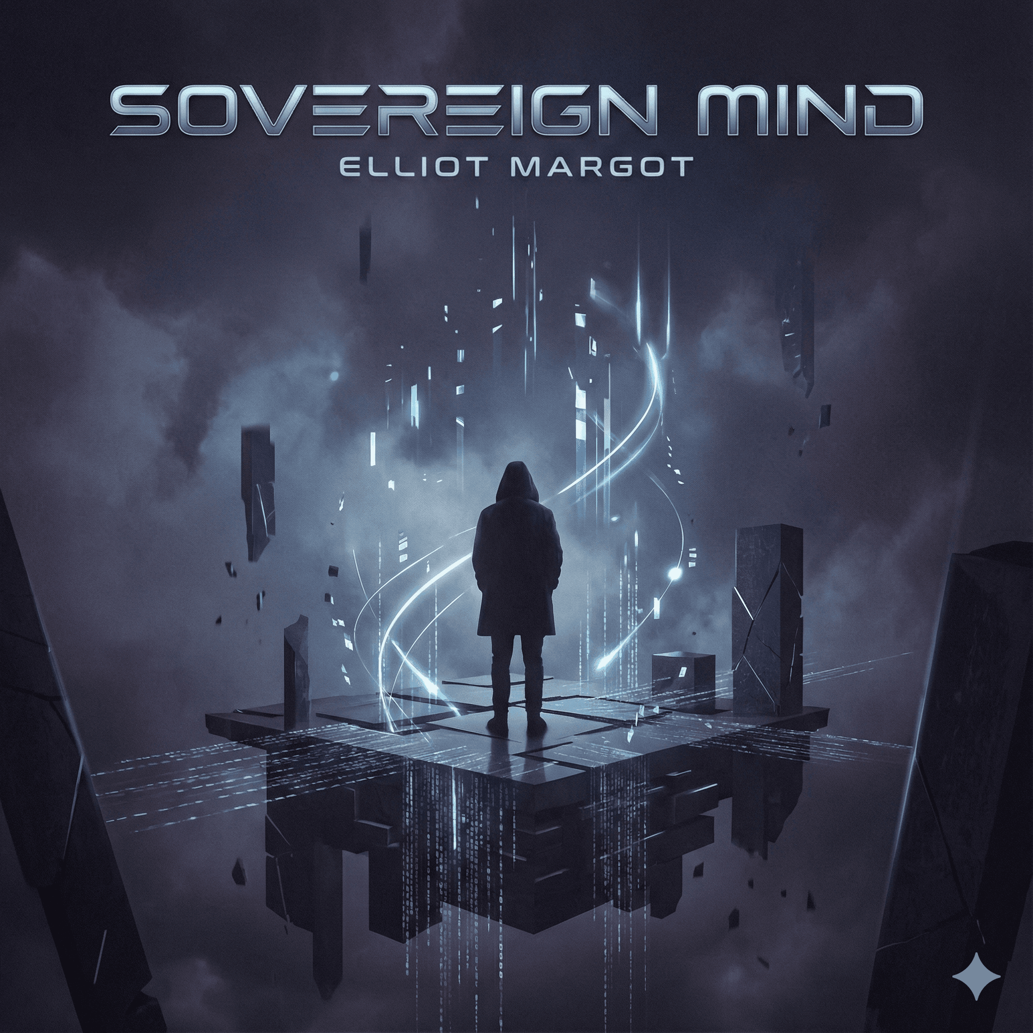 A hooded silhouette stands at the center of a floating, dark geometric platform. Swirling, luminous cyan light trails and vertical digital data streams surround the figure against a backdrop of dark, moody clouds and floating monolithic shards. The palette is dominated by deep navy, charcoal, and electric blue. Textures range from the matte fabric of the cloak to the sharp, glowing edges of digital artifacts and the soft, hazy atmosphere of the sky.