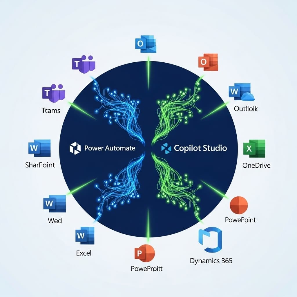 A futuristic digital illustration featuring a central dark blue orb representing the core of a software ecosystem. Glowing blue and green neural-like pathways radiate from the center, connecting to various Microsoft product icons like Teams, Outlook, and Excel arranged in a circular pattern. The text Power Automate and Copilot Studio anchors the central hub, symbolizing a unified, intelligent workflow automation environment.