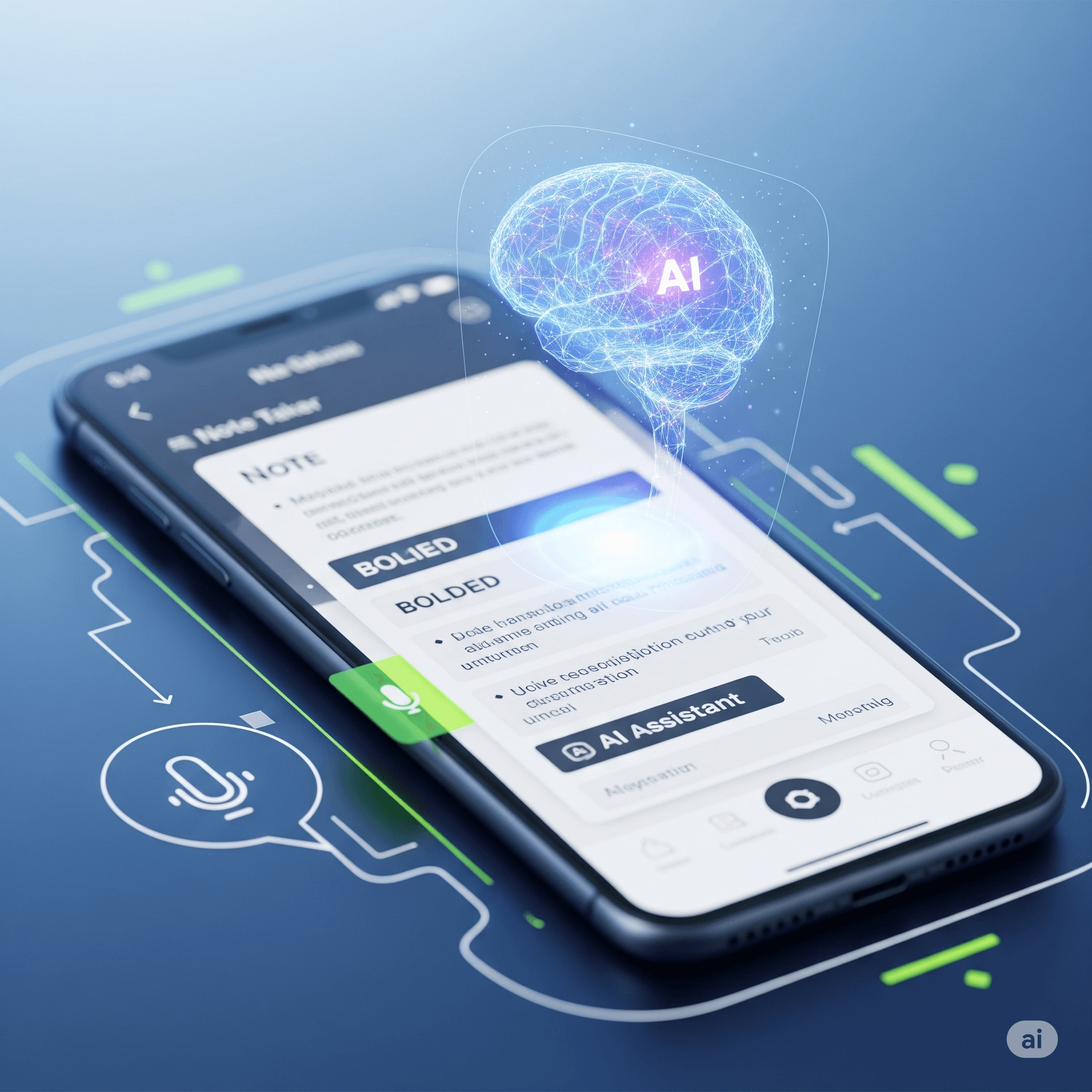 A high-tech visualization of a smartphone displaying a sophisticated note-taking application integrated with an AI assistant. A luminous, blue holographic brain with AI text floats above the screen, symbolizing advanced intelligence. The UI includes sections for notes, bolded text, and a prominent AI Assistant button. Stylized digital circuit lines and a microphone icon frame the device on a deep blue background, conveying a futuristic, innovative tech atmosphere.
