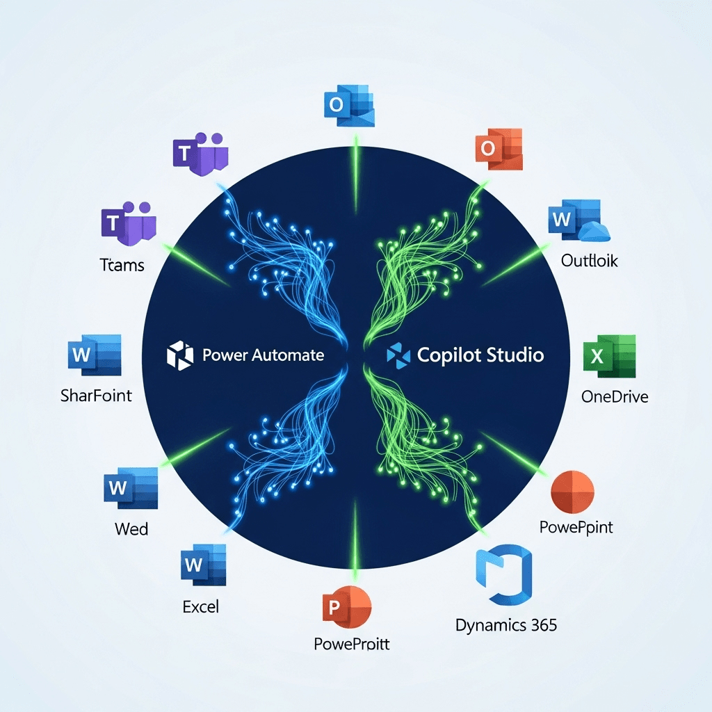A futuristic digital illustration featuring a central dark blue orb representing the core of a software ecosystem. Glowing blue and green neural-like pathways radiate from the center, connecting to various Microsoft product icons like Teams, Outlook, and Excel arranged in a circular pattern. The text Power Automate and Copilot Studio anchors the central hub, symbolizing a unified, intelligent workflow automation environment.
