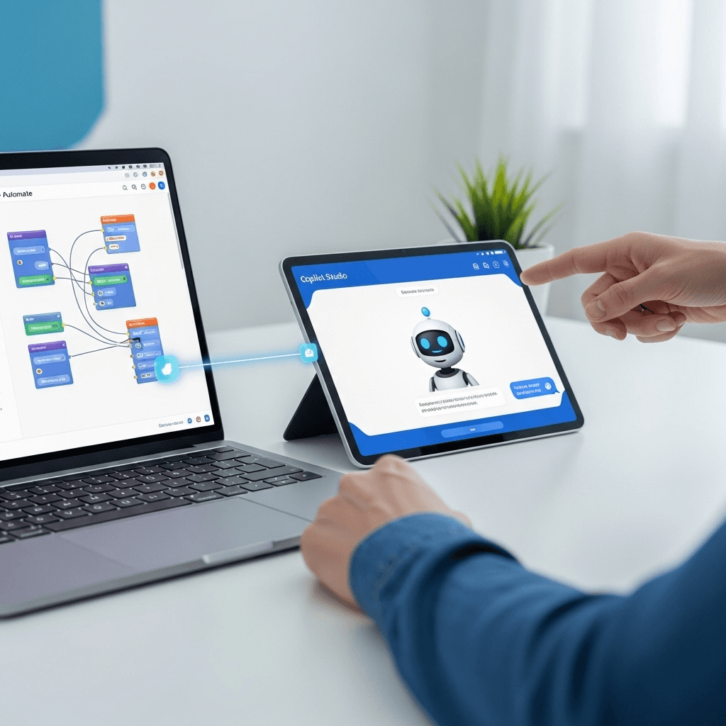 A professional setting showing a user working across a laptop and tablet. The laptop displays a visual automation flow, while the tablet shows an AI assistant interface. A glowing blue line connects the two, illustrating the synergy between logic-based workflows and generative AI. The image captures a clean, modern tech environment, emphasizing innovation, productivity, and the future of digital collaboration through integrated software ecosystems.