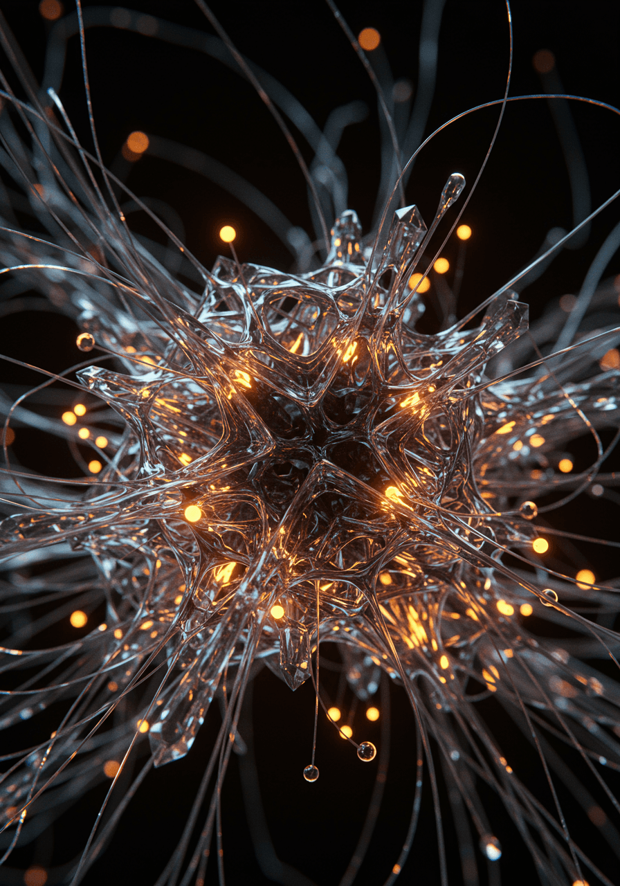 A stunning visual representation of artificial intelligence as a biological entity. The central mass is a dense cluster of translucent, crystalline structures and sharp, glass-like spikes. Thin, wiry tendrils extend outward in all directions, punctuated by glowing amber nodes that simulate data transmission or neural firing. The high-contrast lighting against a deep black background creates a sense of depth and mystery.