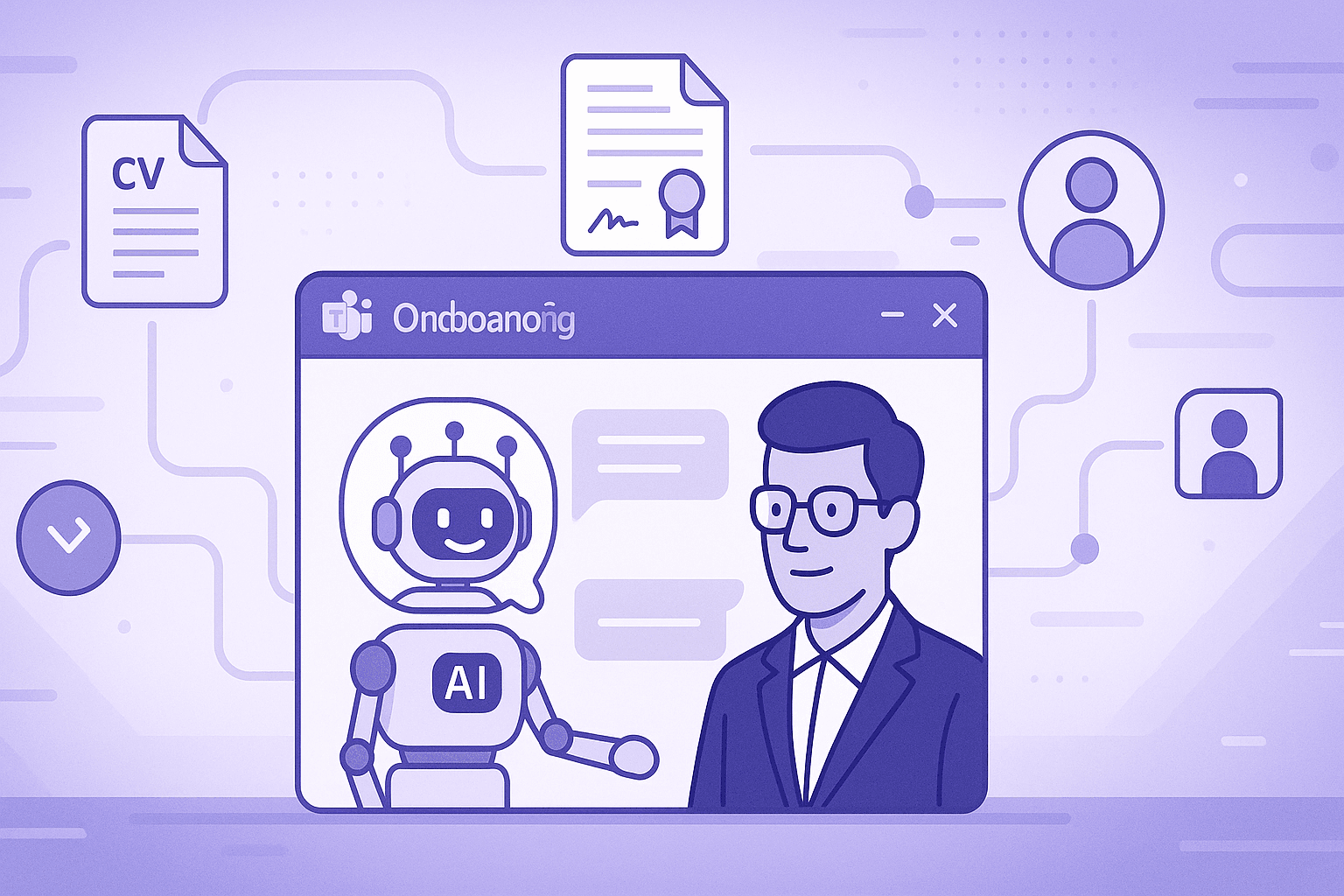 This vector illustration features a purple monochromatic palette showcasing an AI-driven onboarding experience. A central application window titled 'Onboarding' displays a friendly robot labeled 'AI' conversing with a professional man. The background is filled with conceptual icons like a CV, a signed document, and user avatars, all interconnected by digital circuitry lines, symbolizing a streamlined and automated HR recruitment and integration process.